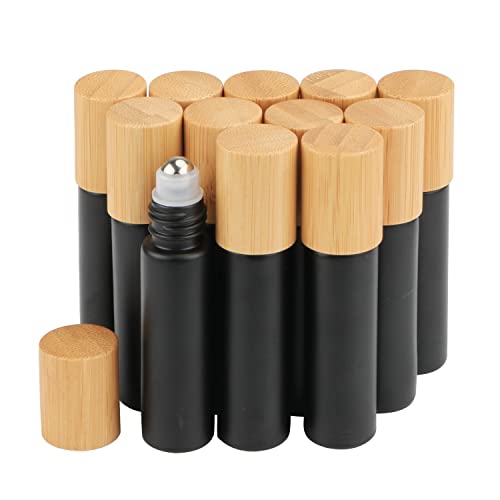 Frosted Black Glass Roll-On Bottles - 10ml, 12pcs With Stainless Steel Roller Ball & Bamboo Cap, For Essential Oils & Perfume Samples