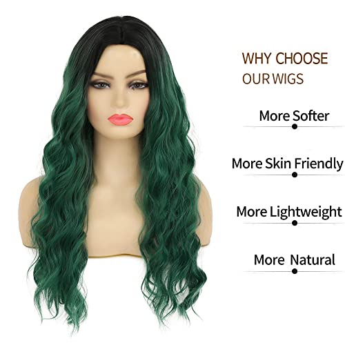 Image of Swiking Green Ombre Long Curly Women Wigs Midele Part Synthetic Natural Wave Hair Black and Green Halloween Cosplay Costume Wigs