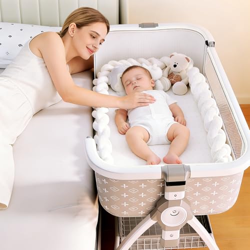 BOOM Baby Bassinet Bedside Sleeper with Memory Foam & Changing Table – 6-Height Adjustable Crib, Full Mesh Sides, Large Storage, Portable Travel Cradle with Swivel Wheels for Newborn to 3 Years