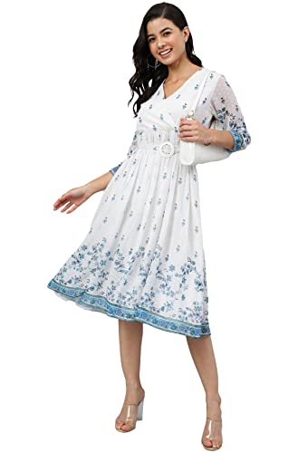 Image of Janasya Women's Dobby Georgette Floral Printed Fit & Flare Dress