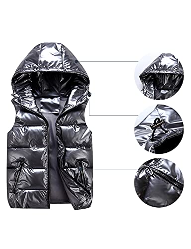 Seekme Women's Hooded Shiny Insulated Puffer Vest Sleeveless Down Puffer Jacket (0269-Darkgrey-M-Qb) #TOP2