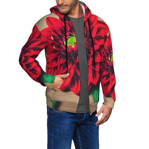 Sweat à capuche homme fleur dahlia rouge pull de mi-saison confortable et souple