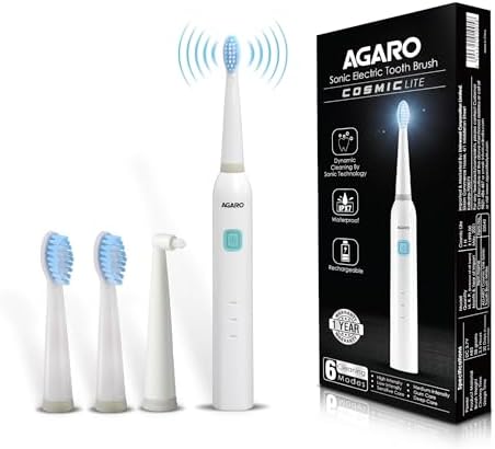 AGARO COSMIC Lite Sonic Electric Toothbrush For Adults With 6 Modes, 3 Brush Heads, 1 Interdental Head And Rechargeable With 3.5 Hours Charge Lasting Upto 25 Days, Power Toothbrush|White