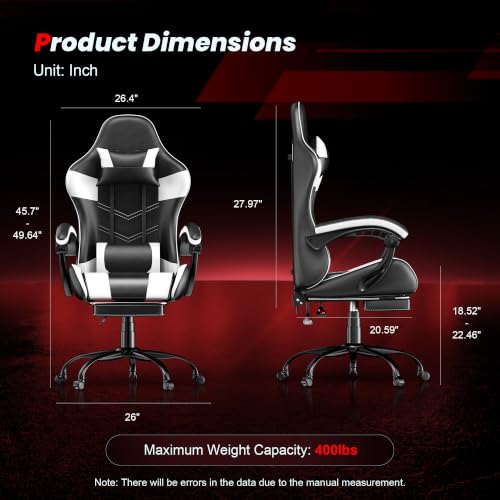 Image of Gaming Chair with Footrest, Ergonomic Video Game Chair with Headrest and Lumbar Support, 400 lbs Adult Chair, Height Adjustable 360 Swivel High Back Reclining Computer Chair for Home Office (White)