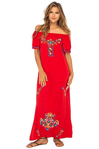 Back From Bali Womens Long Mexican Embroidered Dress, Maxi Long Summer Peasant Dresses for Women Off The Shoulder Red X-Large