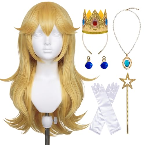 Bopocoko 7pcs Women Blonde Princess Costume Wig for Adults Cosplay Halloween Anime - Long Wavy Wig with Accessories Crown Wand Necklace Earrings Gloves Wig Cap - Soft & Pre-cut Bangs A-BU264