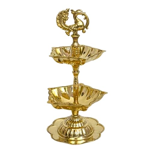 Image of Handcrafted Double Brass Diya with Peacock Design | Traditional Brass Oil Lamp for Puja, Temple & Home Decoration | Antique Finish Deepak for Festivals (Double Diya)