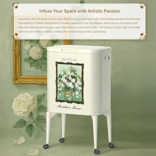 Image of MRBIN Metal Kitchen Trash Can with Wheel Legs, 36L / 9.5gal Medium Press Lid Slim Removable Waste Basket, Pet Proof Tall Narrow Garbage Pail for Vanity, Bedroom, Bathroom, Living Room, White Rose