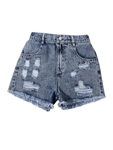 Image of Floerns Girl's Ripped Raw Hem Elastic Waist Straight Leg Denim Shorts with Pockets