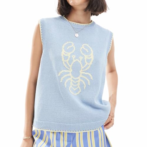 Women Knit Vest Lobster Graphic Sleeveless Loose Fit Pullover Sweater Vest Y2k Going Out Top (Light Blue,XL)