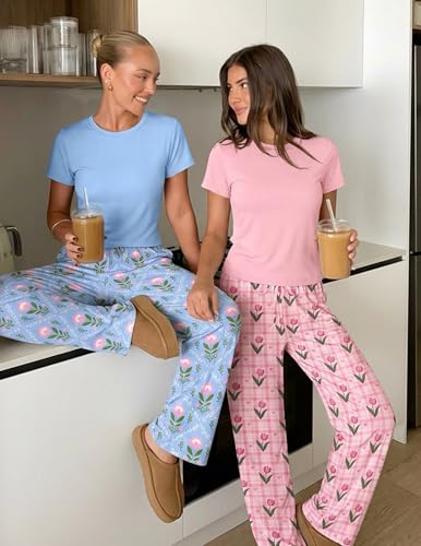 Image of Ekouaer 2 Pack Pajamas for Women Set Short Sleeve Pj Top and Printed Pants | Soft PJs Cozy Printed Lounge Sets Comfy Sleepwear with Pockets