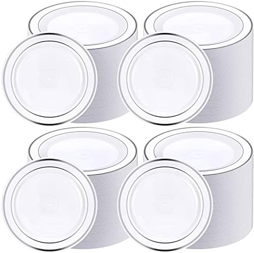 200 Pieces Disposable Plates Plastic Plates with Rim Hard Plastic Appetizer Salad Dessert Plates 7.5 Inch Heavy Duty Plates for Dinner Wedding Party Supplies (Silver Rim)