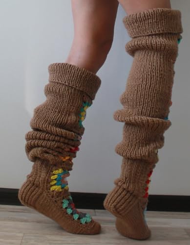 Image of Leoparts Crochet Thigh High Socks Granny Square Over Knee High Retro Knitted Stocking Colorful Leg Warmers