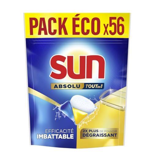 Sun Pastilles Lave-Vaisselle Absolu Tout-en-1 Dégraissant - 56 capsules - imbattables sur les taches tenaces - 2x plus efficace