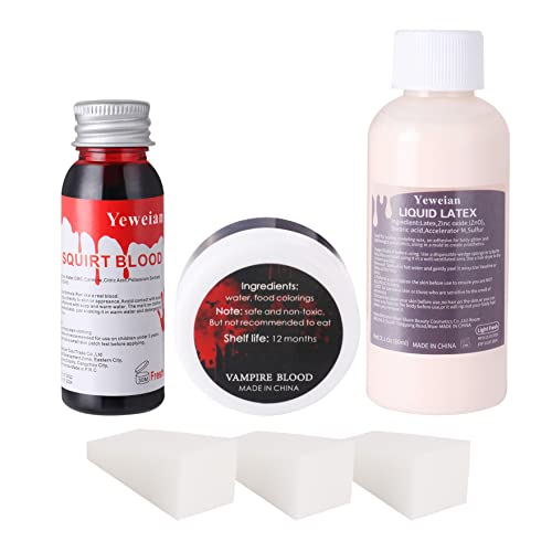Yeweian Liquid Latex SFX Makeup Kit, 2.1Oz Latex Liquid with Coagulated Fake Blood Gel, Squirt Blood...