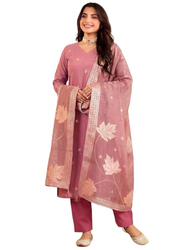 Image of Pinkmint Women Jacquard Silk Ethnic Kurta with Dupatta Suit for Women | Straight Fit Designer Wear with Woven Pattern & Tassel Dupatta | Availble in Plus Size