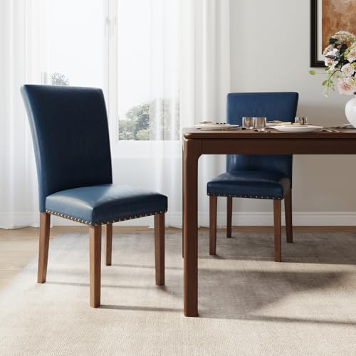 Image of Farmhouse Dining Chairs Set of 2, High Back with Wooden Legs and Nailhead Trim, Modern Fabric Dining Room Chair for Kitchen /Restaurant