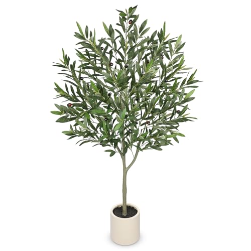 Hollyone Faux Olive Tree with Pot 4.2FT Small Fake Olive Tree Indoor 50.4inch with Natural Wood...