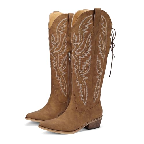 Image of Lace Up Cowboy Boots for Women Embroidered Wide Calf Cowgirl Boots Comfortable Chunky Heel Pointed Toe Trendy Western Shoes for Prom Music Festival