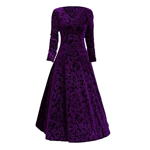 Vestido formal con cuello en V para mujer, elegante, manga 3/4, vestido largo con cintura para dama de honor, boda, vestido de fiesta de terciopelo, vestido formal, Morado (, L