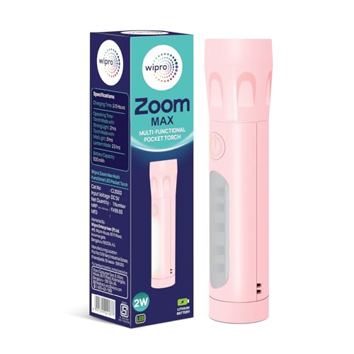 Image of wipro Zoom Max Multi Functional LED Pocket Torch | 5 Modes of Light | Type C Fast Charging | Easy Fit to Pocket | 500 mAh Battery with Upto 3 Hrs Back Up | Pack 1