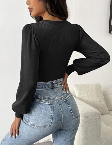 Image of Zeagoo Womens Sweaters Long Sleeve Bodysuits 2026 Fall Crewneck Puff Knit Pullover Tops