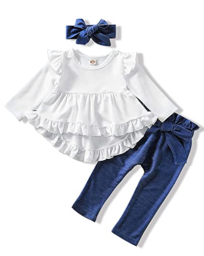 12 Months Baby Girls Clothes Infant Outfit 6 Months Toddler Long Sleeve Ruffles White Shirt Tops + Denim Blue Long Pants Fall Winter Outfits for Girl