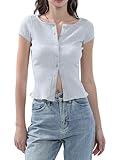 Abonlen Ribbed Button Down T Shirts for Women Short Sleeve Going Out Tops Cropped Fitted Knit Blouses(Gray,Small)