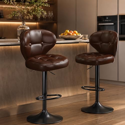 Image of Modern Bar Stools Set of 2, Adjustable Swivel Upholstered Full-Back Counter Height Bar Chairs for Kitchen Island, Dining Room, Bar Brown