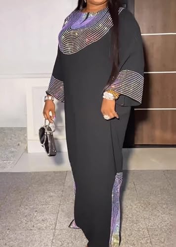 Image of Famnbro Womens Plus Size Maxi Dress Rhinestone Long Sleeve Loose Side Slit Casual African Dresses