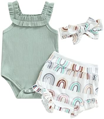 LIOMENGZI Newborn Baby Boy Girl Summer Clothes Outfits Set Fly Sleeve Solid Romper Tops Drawstring Short Headband Clothes Set (Green, 0-3 Months)