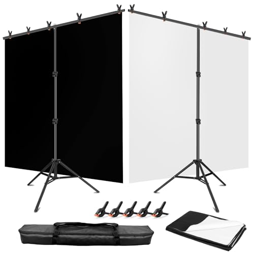 Black White Backdrop Screen with Stand Kit 5x6.5ft for Photo Video Studio, 2-in-1 Revisible Black Backdrop White Screen with T-Shaped Photography Background Support Stand and 5 Clamps