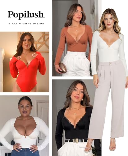 Popilush Lace Shapewear Bodysuit Long Sleeve Body suits Womens Deep V Neck Tummy Control Corset Top Trendy Going Out Tops2