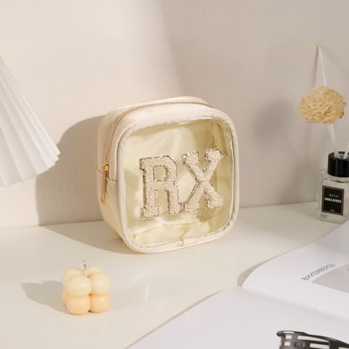 Small Chenille Letter Clear Medicine Makeup Bags,Nylon PVC Waterproof Rx Pouch with Metal Zipper, Cute Drug First Aid Travel Organizer for Women Girls(06Beige) 5