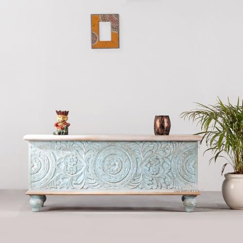 Image of Natura Solid Wood Coffee Table for Living Room Wooden Trunk Box for Storage | Handcrafted Center Table for Living Room with Sandook Storage | Pitara for Home & Bedroom (Light Blue Distress)