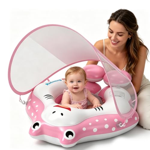 Newborn Baby Swimming Float with Canopy UPF 50+ for 6-12 Months Baby Pool Float Inflatable Swimming Ring Pool Accessories Pink Ray Rubber Ring Swim Float for Babies Toddler Infant 12-36 Months