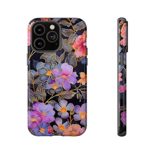 Coque iPhone 14 Pro Max fleurie rigide protectrice noire glossy