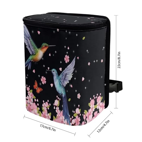 Image of Pink Cherry Blossom Hummingbirds Car Trash Bin Interior Accessory Lightweight Auto Garbage Can Bag for Back Seat Washable Mini Car Trash Can with Lid