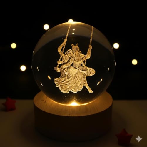 Image of 3D Radha Krishna Swing Crystal Ball LED Night Lamp, Spiritual Engraved Design with Wooden Base, Decorative Night Light for Home Mandir, Gift (Radha Krishna Swing)