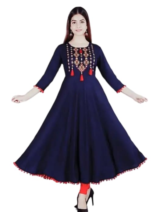 Raj Fashion Women's 3/4th Sleeves Round Neck Rayon Solid Tassel & Pompom Detailing Hem Maxi Length Gown Dark Blue-picture-36