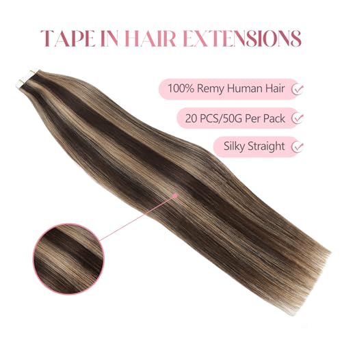 Image of Sixstarhair Tape In Hair Extensions Human Hair Chocolate Brown to Caramel Blonde Highlights Tape In Hair Extensions Silky Straight with Double Sided Tapes Silky Straight 50g 20 Pieces [P4-27 16inch]