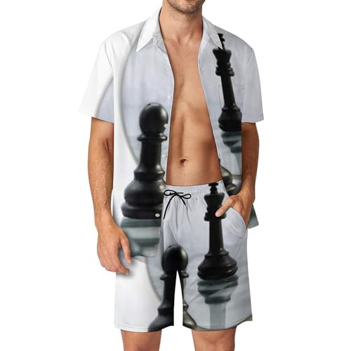 Ensemble d'Été Échecs Noirs de Haute Finition avec Chemise Hawaïenne et Pantalon Flou S
