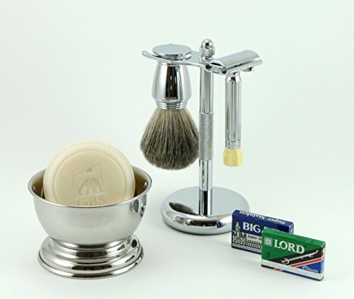 G.B.S Menâ€™s Classic Shaving Set- Beard 500 Progress Safety Razor, Chrome Bowl, Natural Shaving Soap, Pure Badger Brush, Stand for Razor and Brush, and Blades for Wet Shaving Lovers