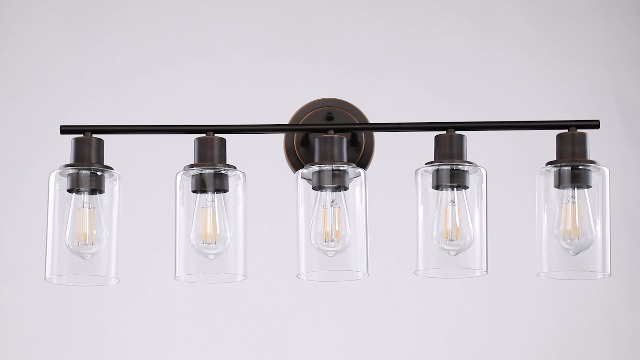 Image of 5-Light Oil Rubbed Bronze Bathroom Vanity Light Over Mirror, Oil Rubbed Bronze 5-Bulb Wall Sconce Above Kitchen Sink, Brown Wall Sconce for Bathroom Vanity