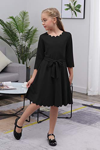 GORLYA Girl's 3/4 Sleeve Casual Scalloped Edge A-line Belted Dress with Pockets for 4-14T Kids3