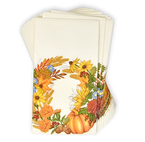 100 Autumn Wreath Fall Guest Napkins Disposable Harvest Floral Leaf Hand Paper Towels For Thanksgiving Pumpkins Decorative Dinner Fingertip Guests Towel Powder Room Home Kitchen Bathroom Holiday Party #TOP1