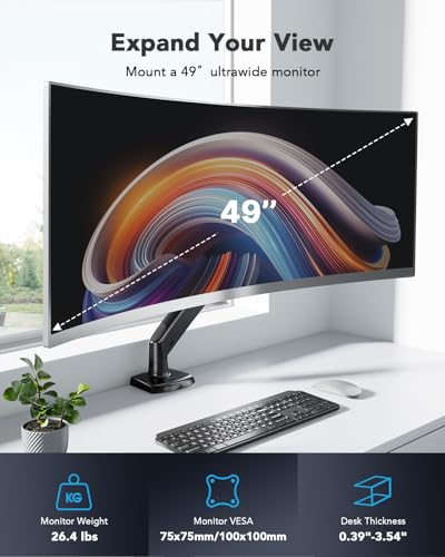 Image of HUANUO Single Monitor Arm for 13-49 inch Screens, Ultrawide Computer Monitor Mount Holds 26.48 lbs, Upgraded Adjustable Stand with USB, C-Clamp & Grommet Base, VESA 75x75 or 100x100mm