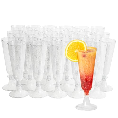 MATANA 24 Flûtes à Champagne en Plastique avec Paillettes Argentées pour Mariages, Anniversaires, Noël & Fêtes, 150ml - Élégant, Solide & Réutilisable