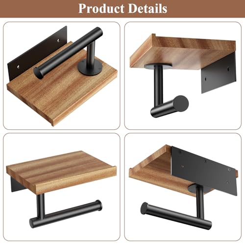 Image of Tindbea Toilet Paper Holder with Wood Shelf, Wooden Wall Mount Tissue Paper Roll Holder, Matte Black Stainless Steel Bathroom Accessories Decor for Home (Sapele, Matte Black)