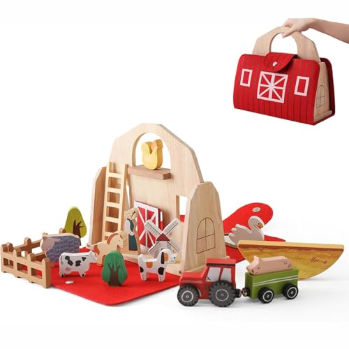 GROTOLY Traveling Farm, Portable Wooden Farm Set,Wooden Barn with Farm Animal Toys,Boost Cognitive...